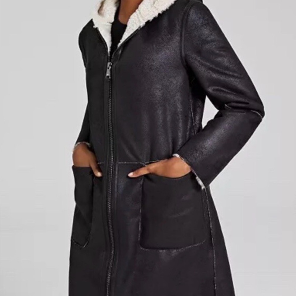 DKNY Women’s Black Faux Fur Hooded Trench Coat Size 3XL NWOT